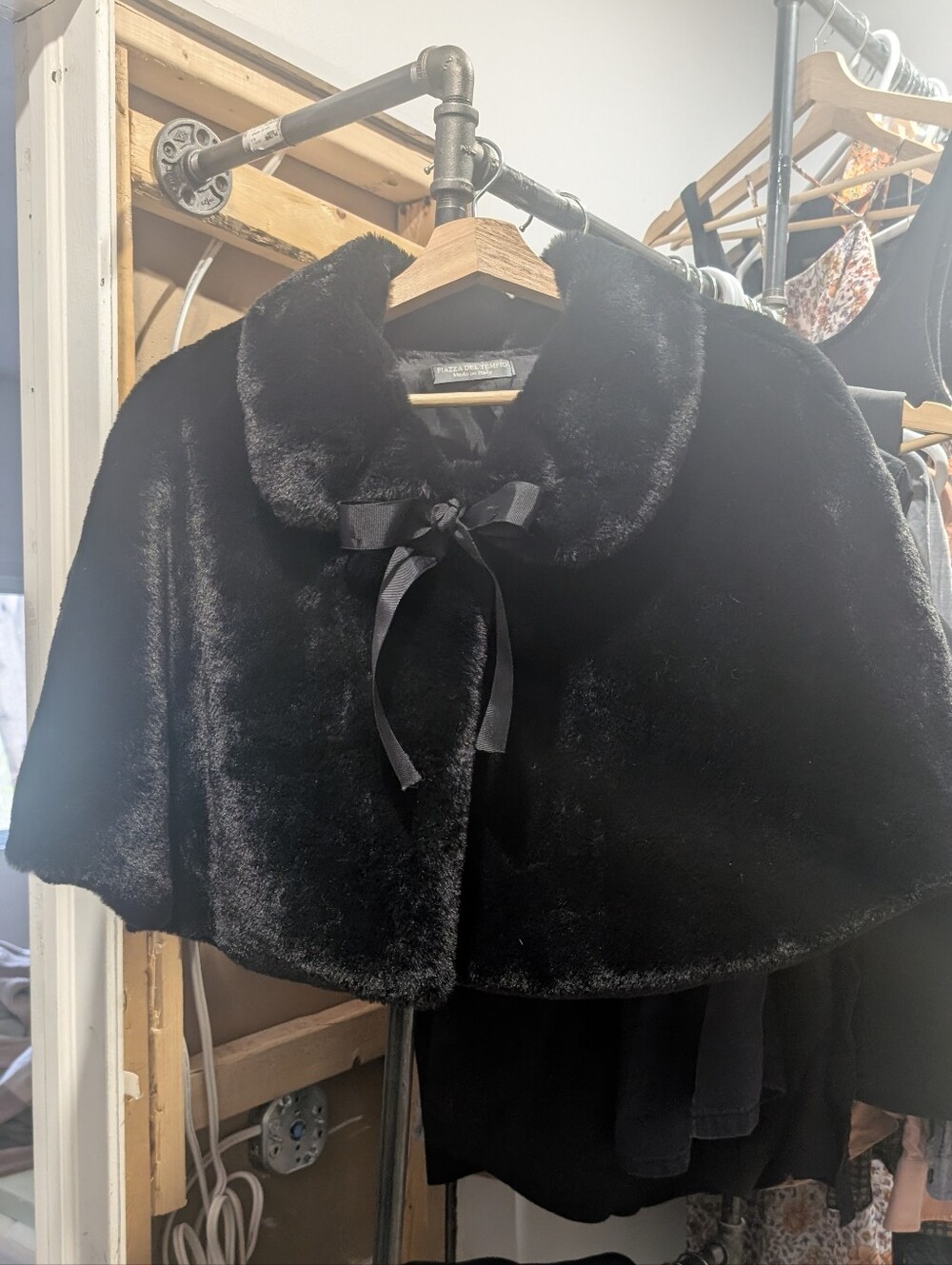 Black Faux Fur Capelet with Bow Tie